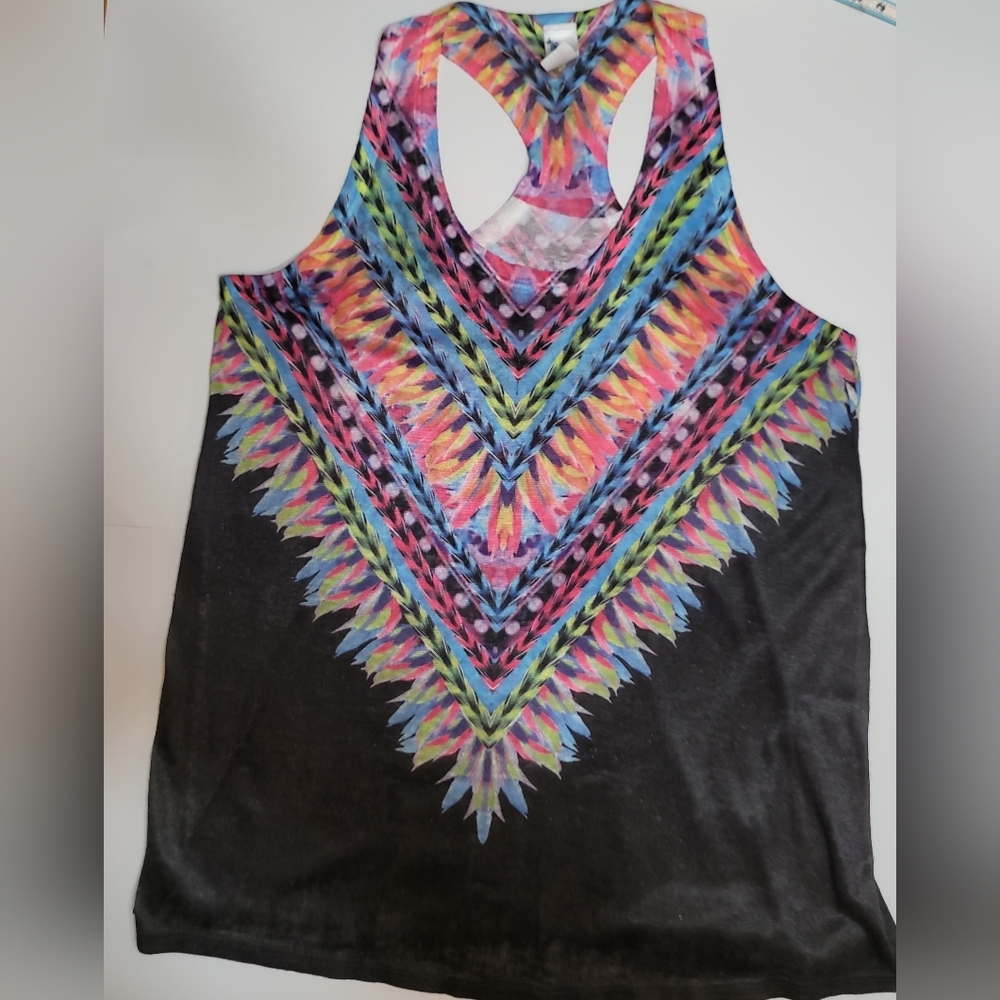 Brenda's Sleeveless Tank Top Size Large Cute Bright Neon Colored Feathers Shirt